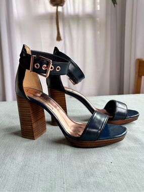 Ted Baker London Navy Rose Gold Block-Heel Ankle-Strap Sandals Platform 37.5